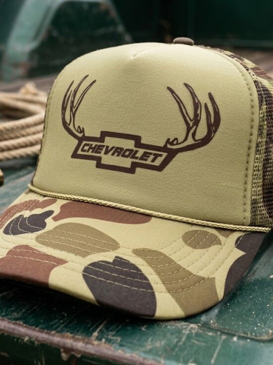 Handmade Accessories - Chevrolet Antlers Duck Camo Deer Hunting Printed Tan Foam Rope Hat Cap Retro 80s